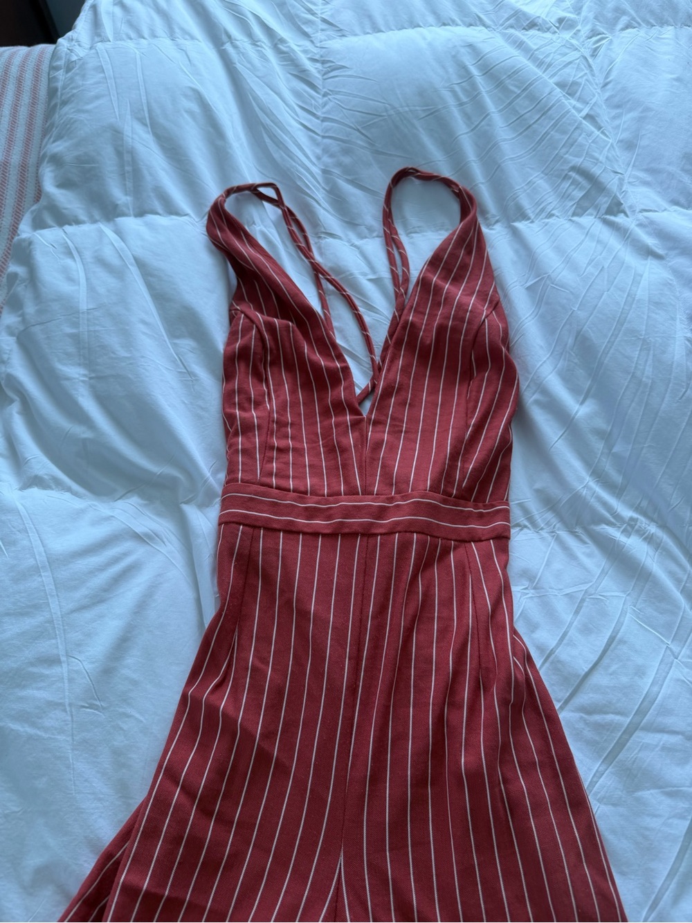 Striped Deep V Jumpsuit in Rust Red